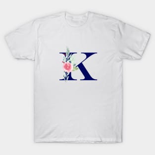 Watercolor Floral Letter K in Navy T-Shirt